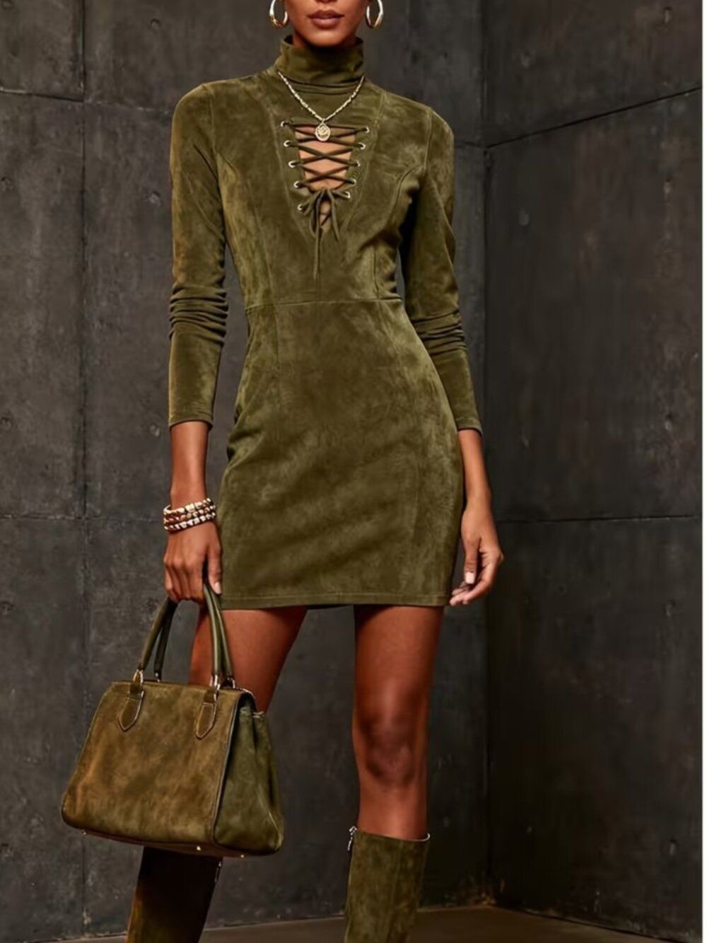 NWT Faux Suede Lace Up Plunge Turtleneck Mini Dress Olive Green 14